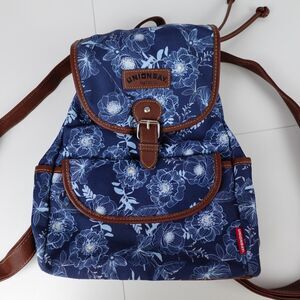 UNIONBAY Floral Mini Backpack Navy Blue Canvas Brown Faux Leather Drawstring Bag